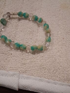 Turquoise & Cream Faceted Bead Stretch Bracelet Very Small